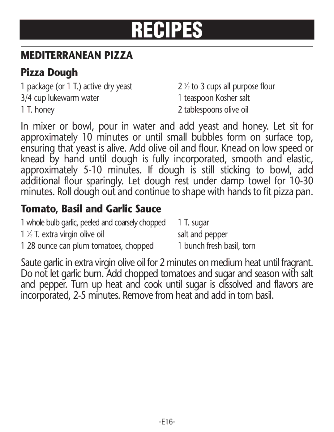 Rival CO602 manual Mediterranean Pizza, Pizza Dough 