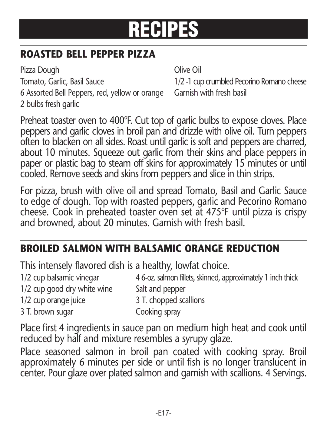 Rival CO602 manual Roasted Bell Pepper Pizza, Broiled Salmon with Balsamic Orange Reduction 