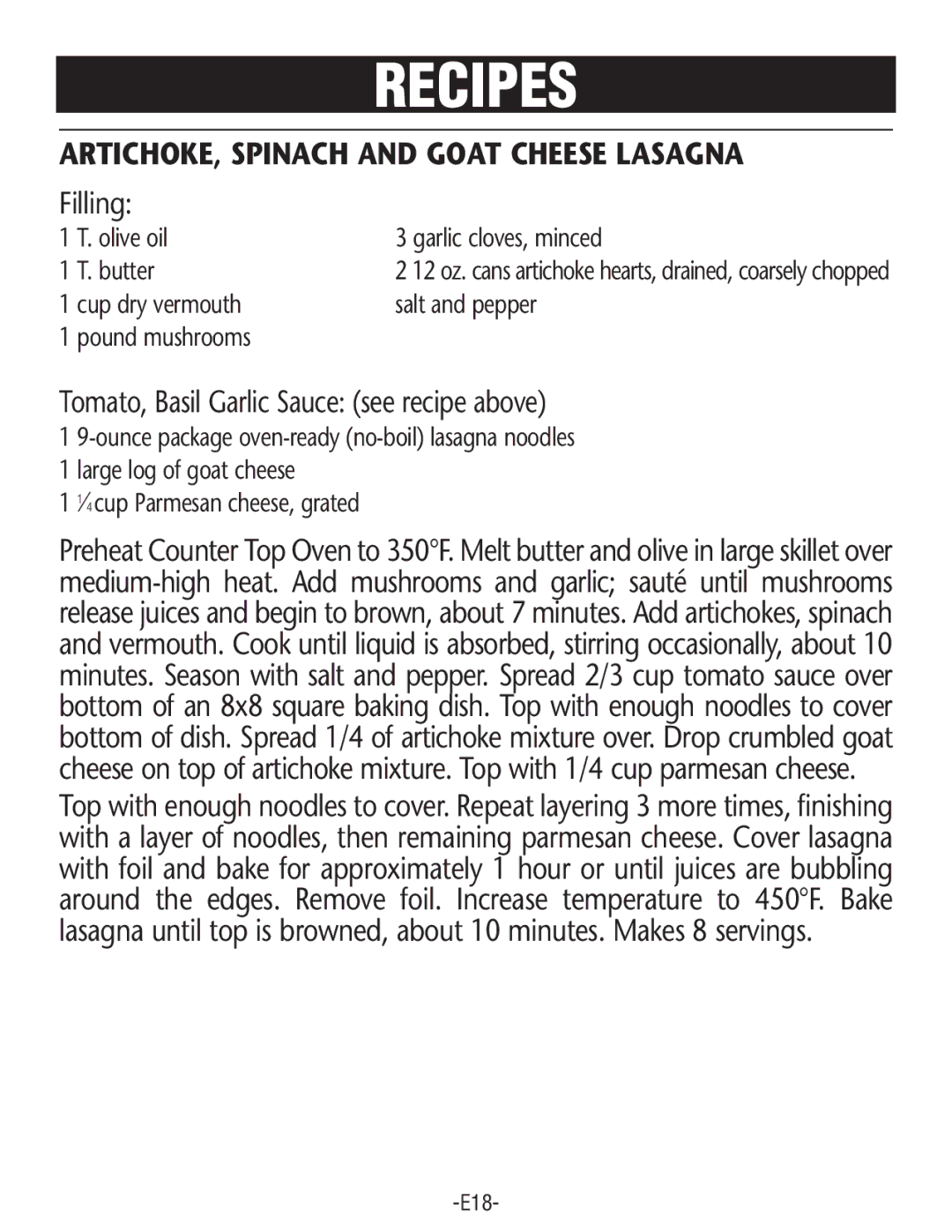 Rival CO602 manual ARTICHOKE, Spinach and Goat Cheese Lasagna, Filling, Tomato,Basil Garlic Sauce see recipe above 