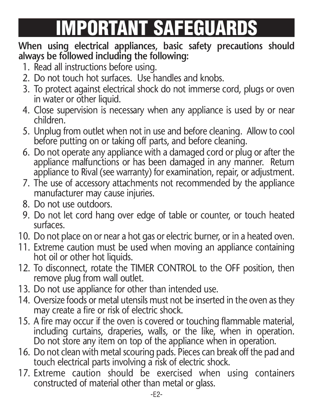 Rival CO602 manual Important Safeguards 