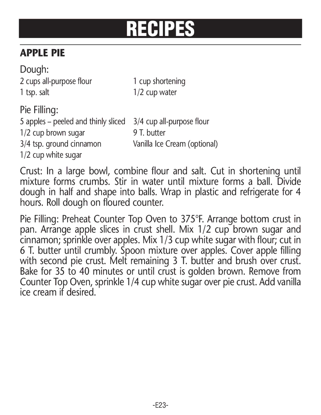 Rival CO602 manual Apple PIE, Dough, Pie Filling 