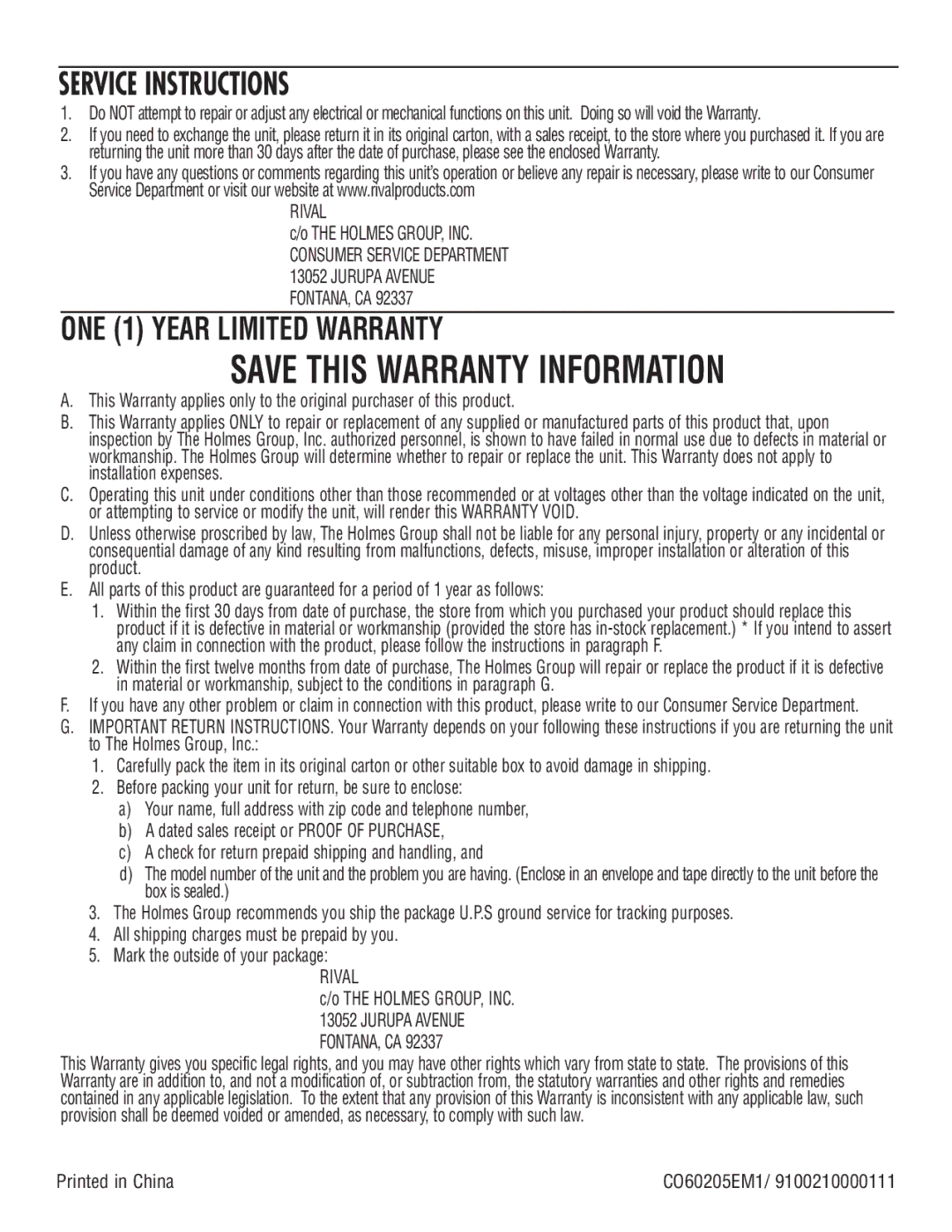 Rival CO602 manual Save this Warranty Information, Service Instructions 