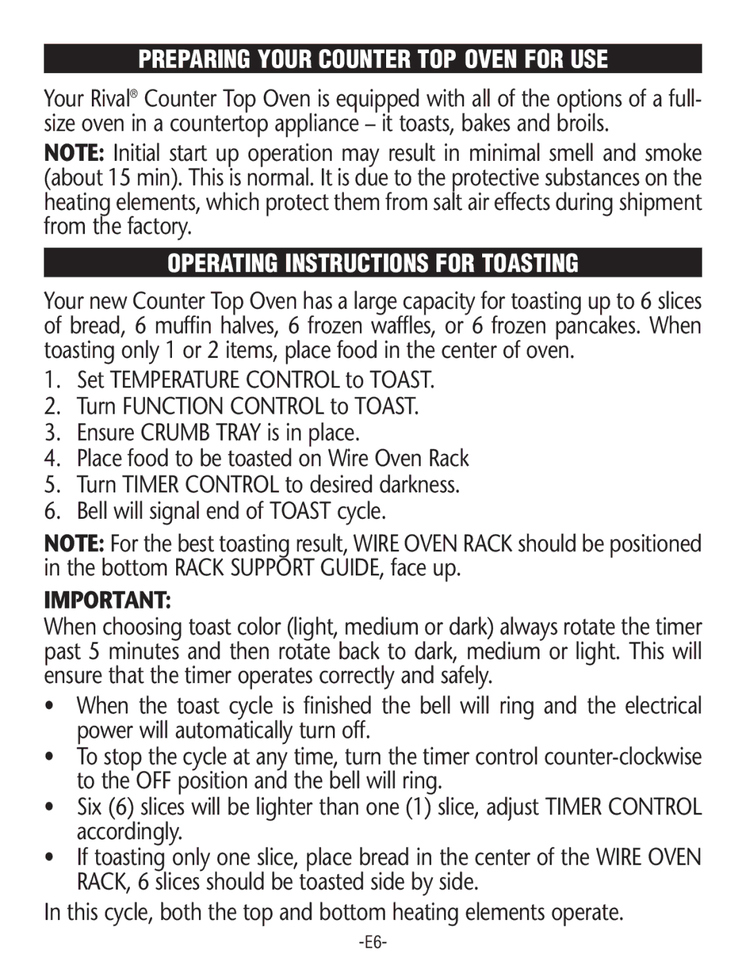 Rival CO602 manual Preparing Your Counter TOP Oven for USE, Operating Instructions for Toasting 