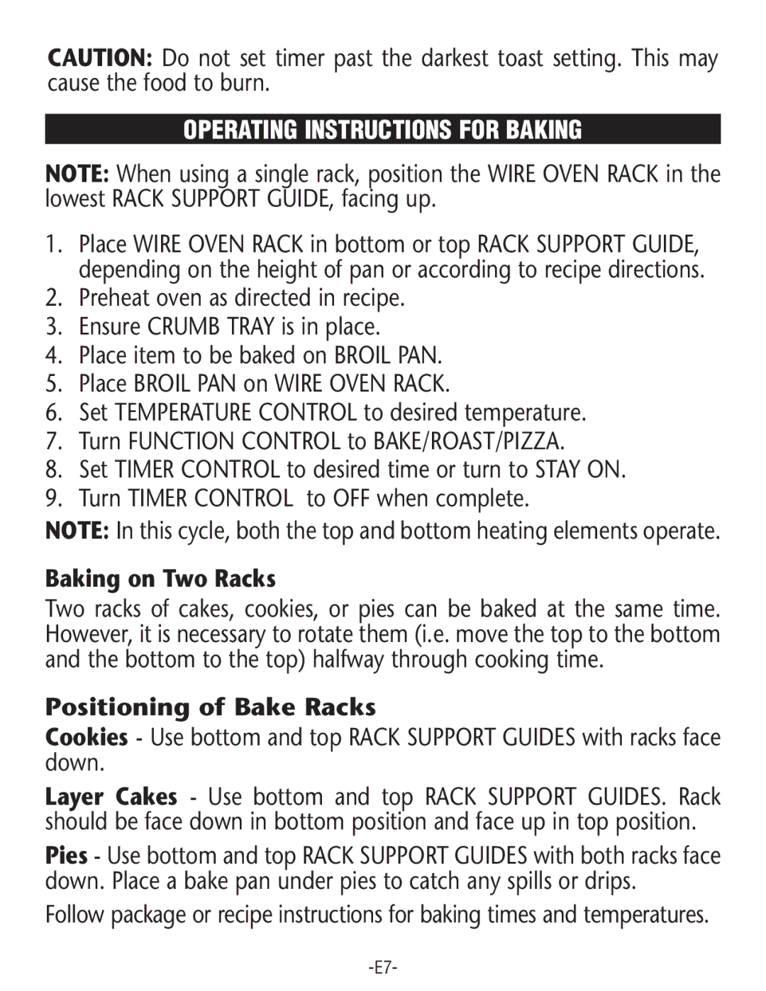 Rival CO602 manual Operating Instructions for Baking, Baking on Two Racks 