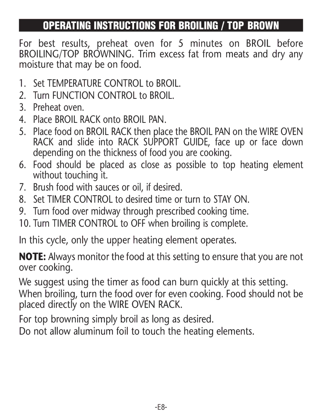 Rival CO602 manual Operating Instructions for Broiling / TOP Brown 