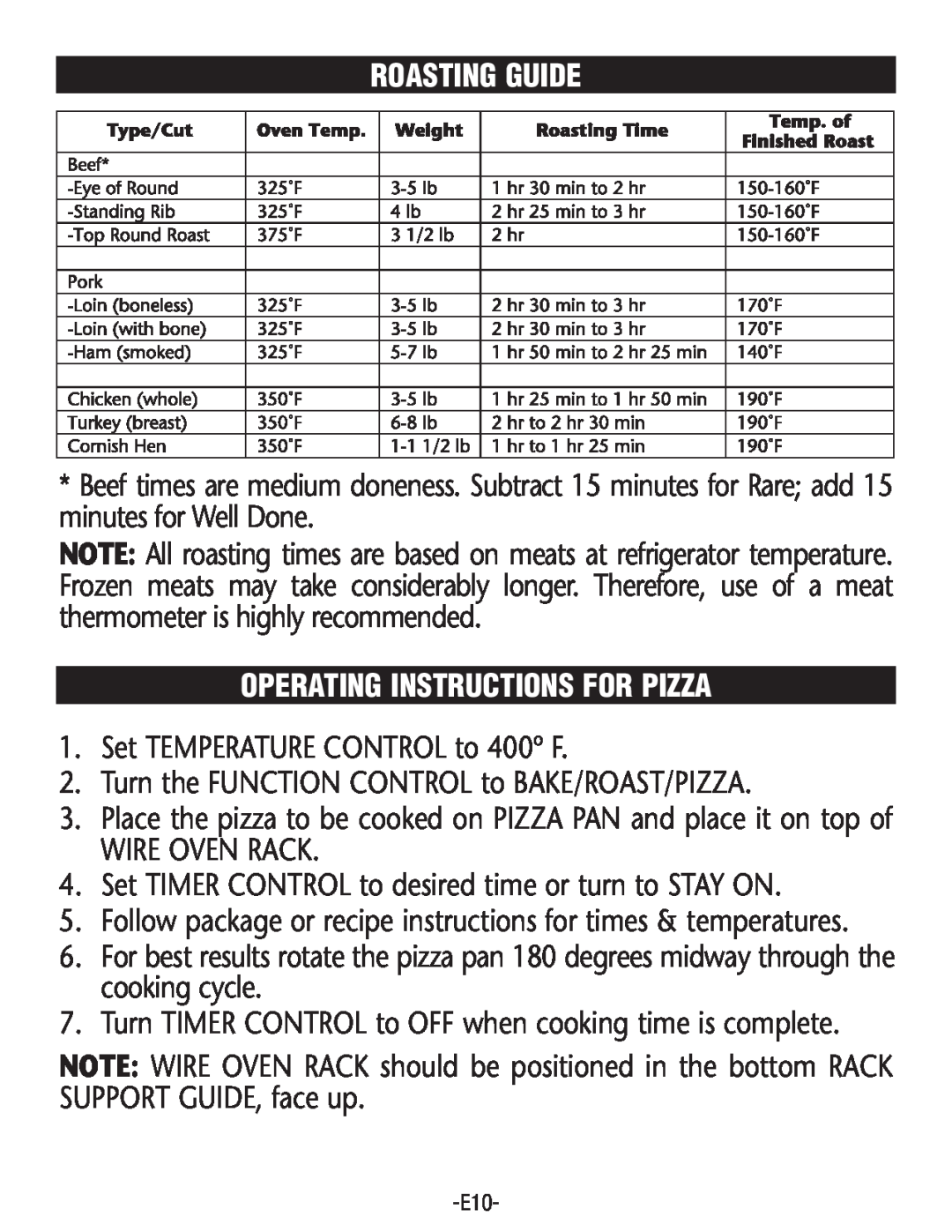 Rival CO602 manual Roasting Guide, Operating Instructions For Pizza 