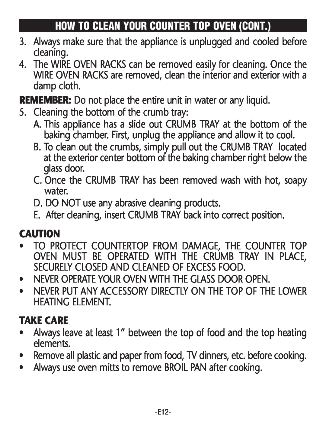 Rival CO602 manual How To Clean Your Counter Top Oven Cont, Take Care 