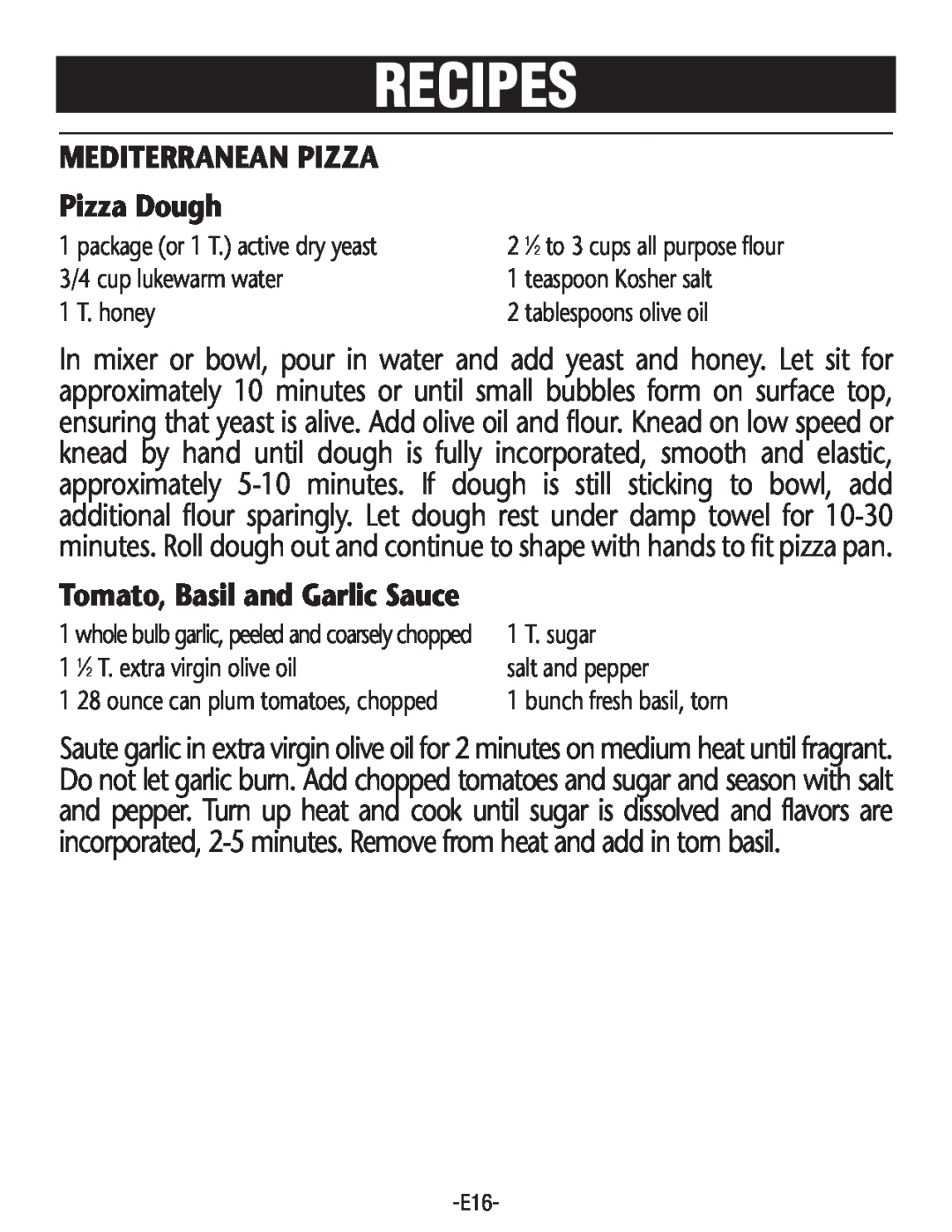 Rival CO602 manual MEDITERRANEAN PIZZA Pizza Dough, Tomato,Basil and Garlic Sauce, Recipes 