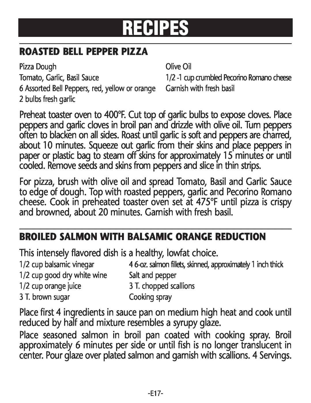 Rival CO602 manual Roasted Bell Pepper Pizza, Broiled Salmon With Balsamic Orange Reduction, Recipes 