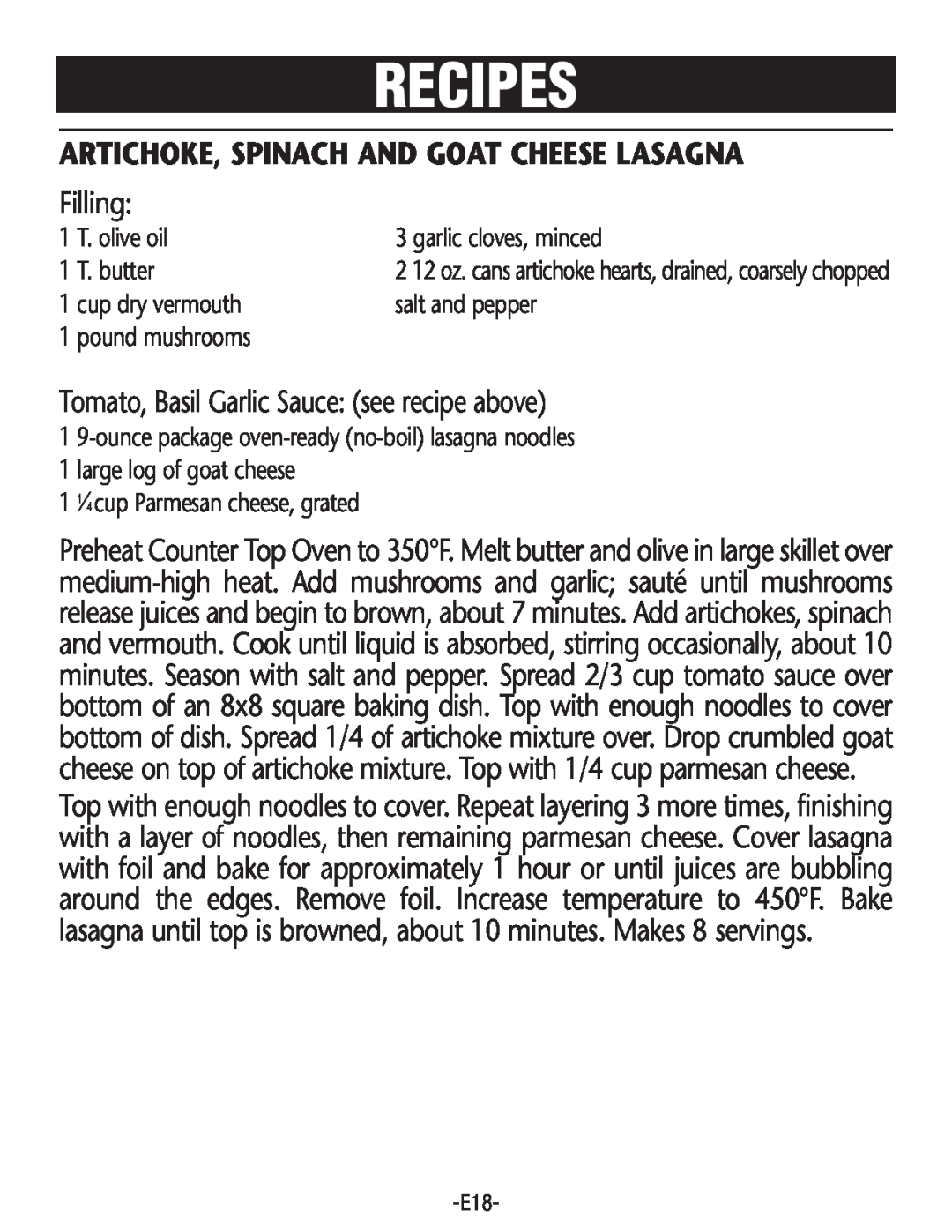 Rival CO602 manual Artichoke, Spinach And Goat Cheese Lasagna, Recipes, Filling, Tomato,Basil Garlic Sauce see recipe above 