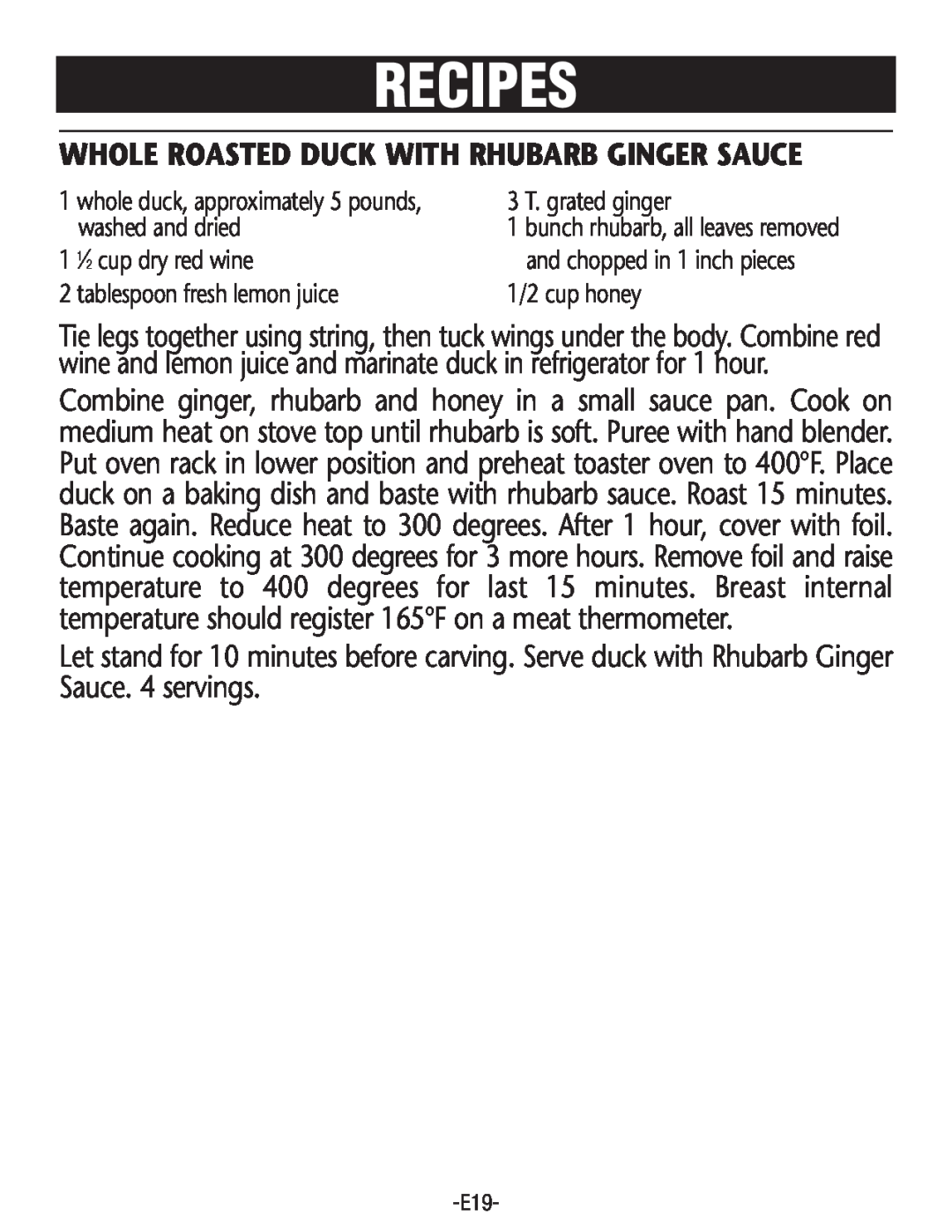 Rival CO602 manual Whole Roasted Duck With Rhubarb Ginger Sauce, Recipes 