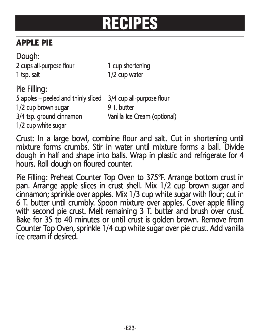 Rival CO602 manual Apple Pie, Recipes, Dough, Pie Filling 