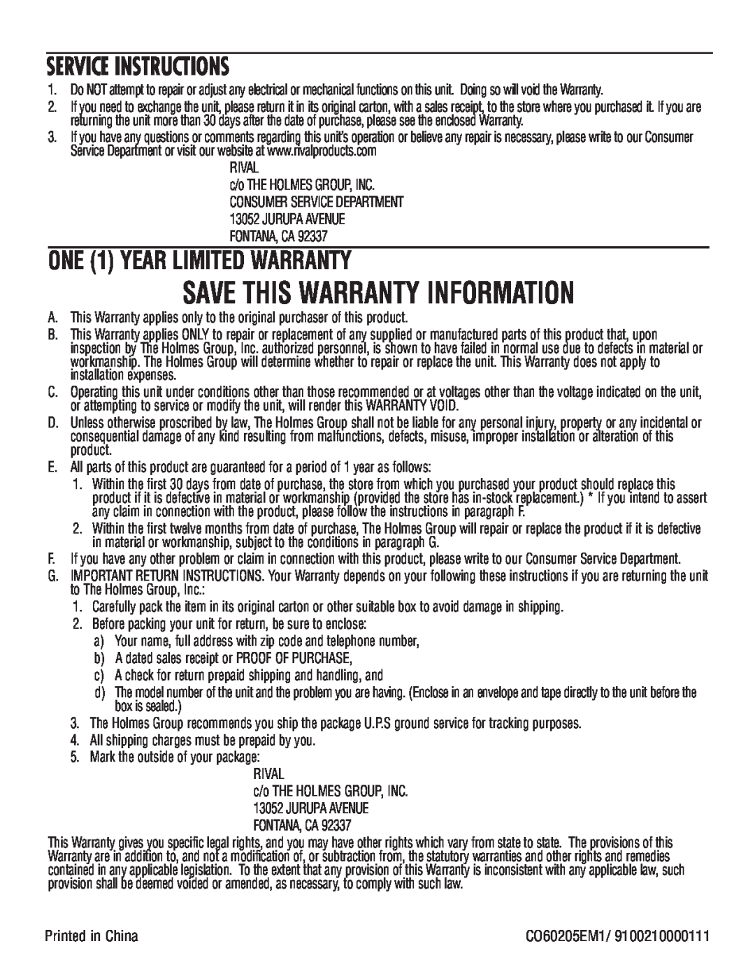 Rival CO602 manual Service Instructions, ONE 1 YEAR LIMITED WARRANTY, Save This Warranty Information 