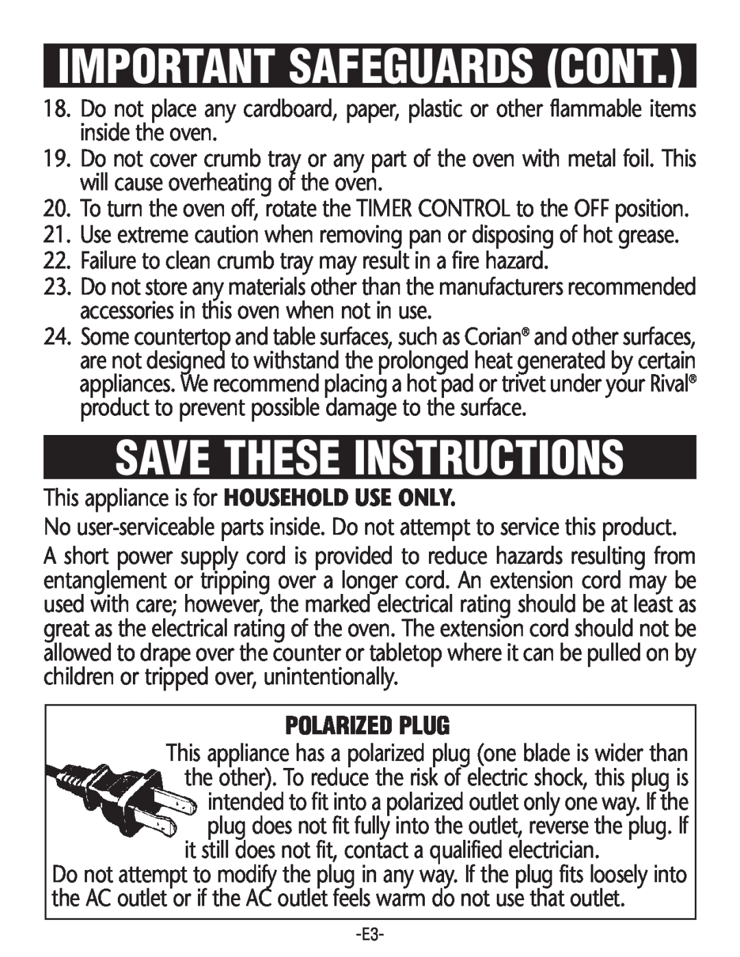 Rival CO602 manual Polarized Plug, Save These Instructions, Important Safeguards Cont 