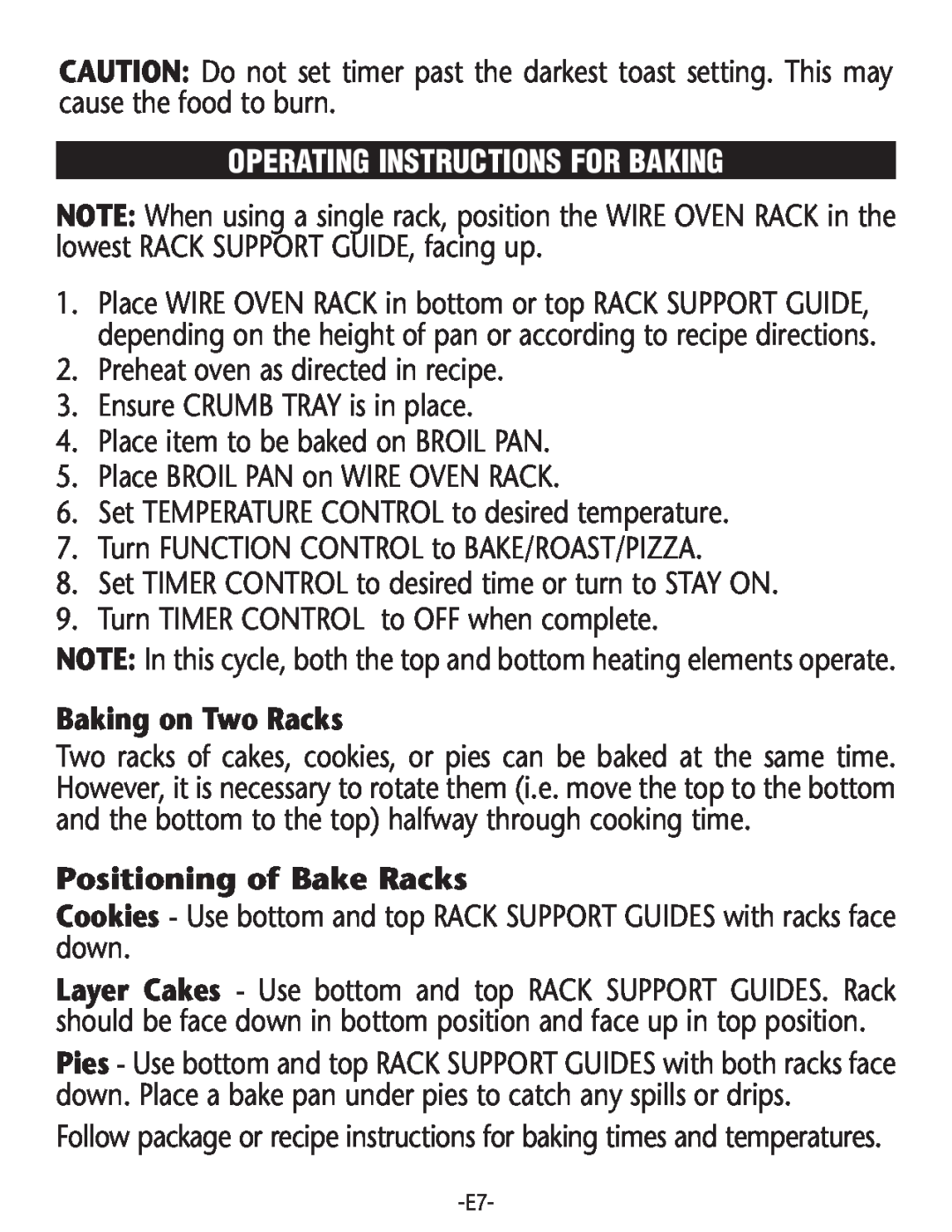 Rival CO602 manual Operating Instructions For Baking, Baking on Two Racks, Positioning of Bake Racks 