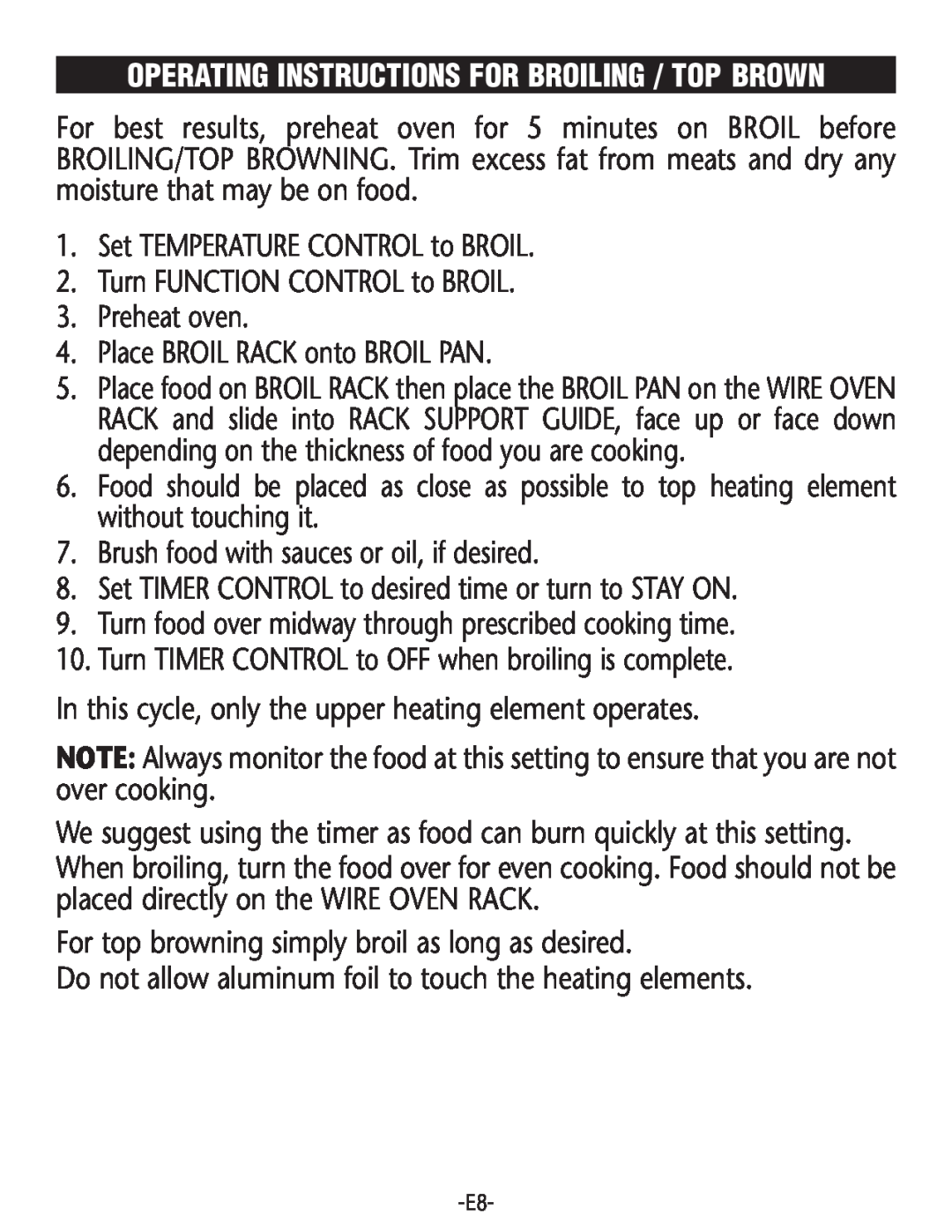 Rival CO602 manual Operating Instructions For Broiling / Top Brown 