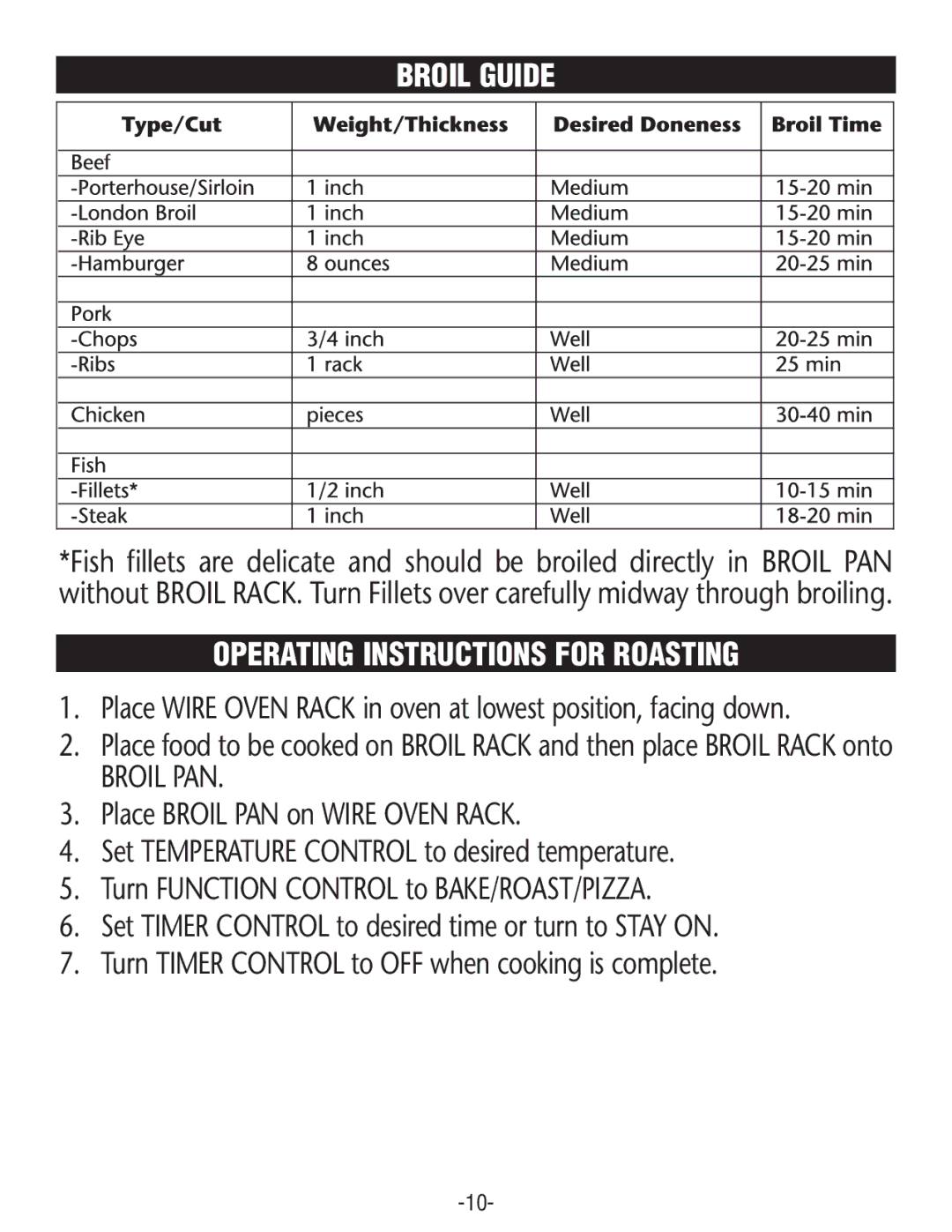 Rival CO606 manual Broil Guide, Operating Instructions for Roasting 