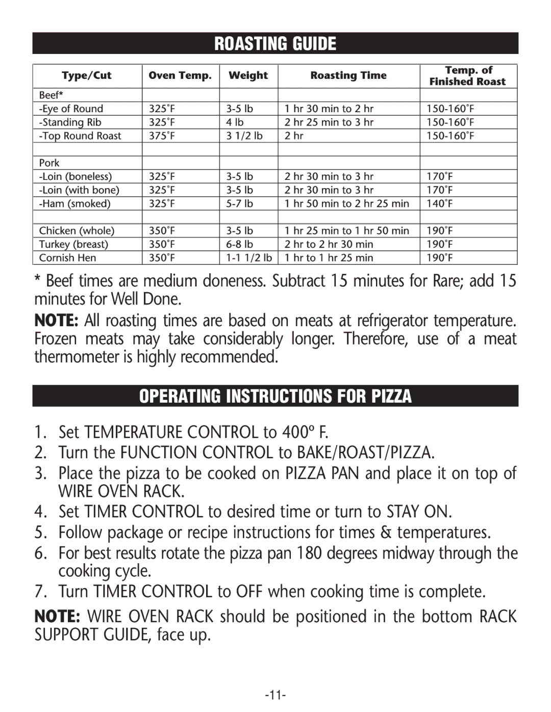 Rival CO606 manual Roasting Guide, Operating Instructions for Pizza 