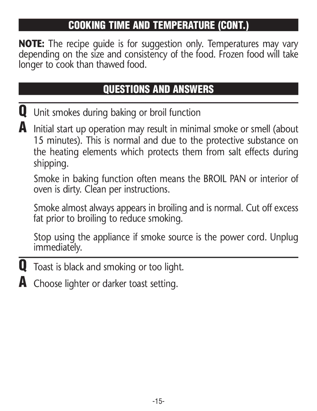 Rival CO606 manual Cooking Time and Temperature Questions and Answers, Unit smokes during baking or broil function 