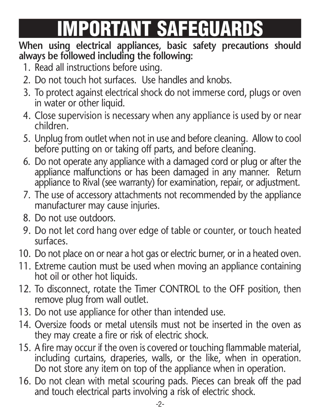 Rival CO606 manual Important Safeguards 