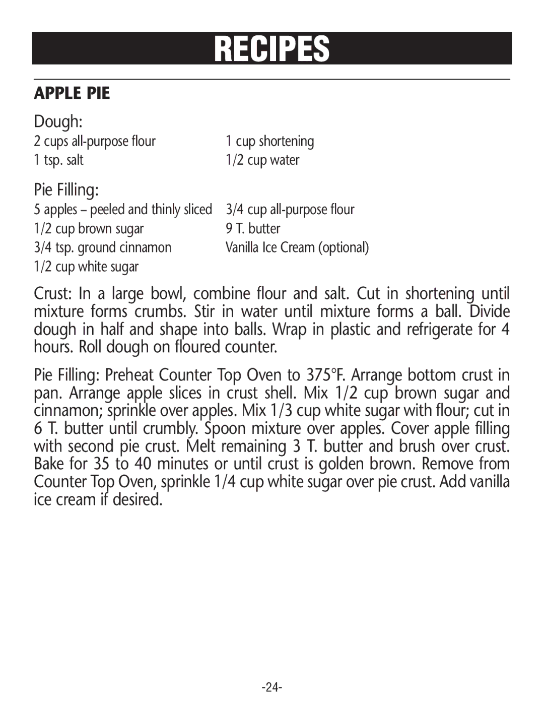 Rival CO606 manual Apple PIE, Dough, Pie Filling 