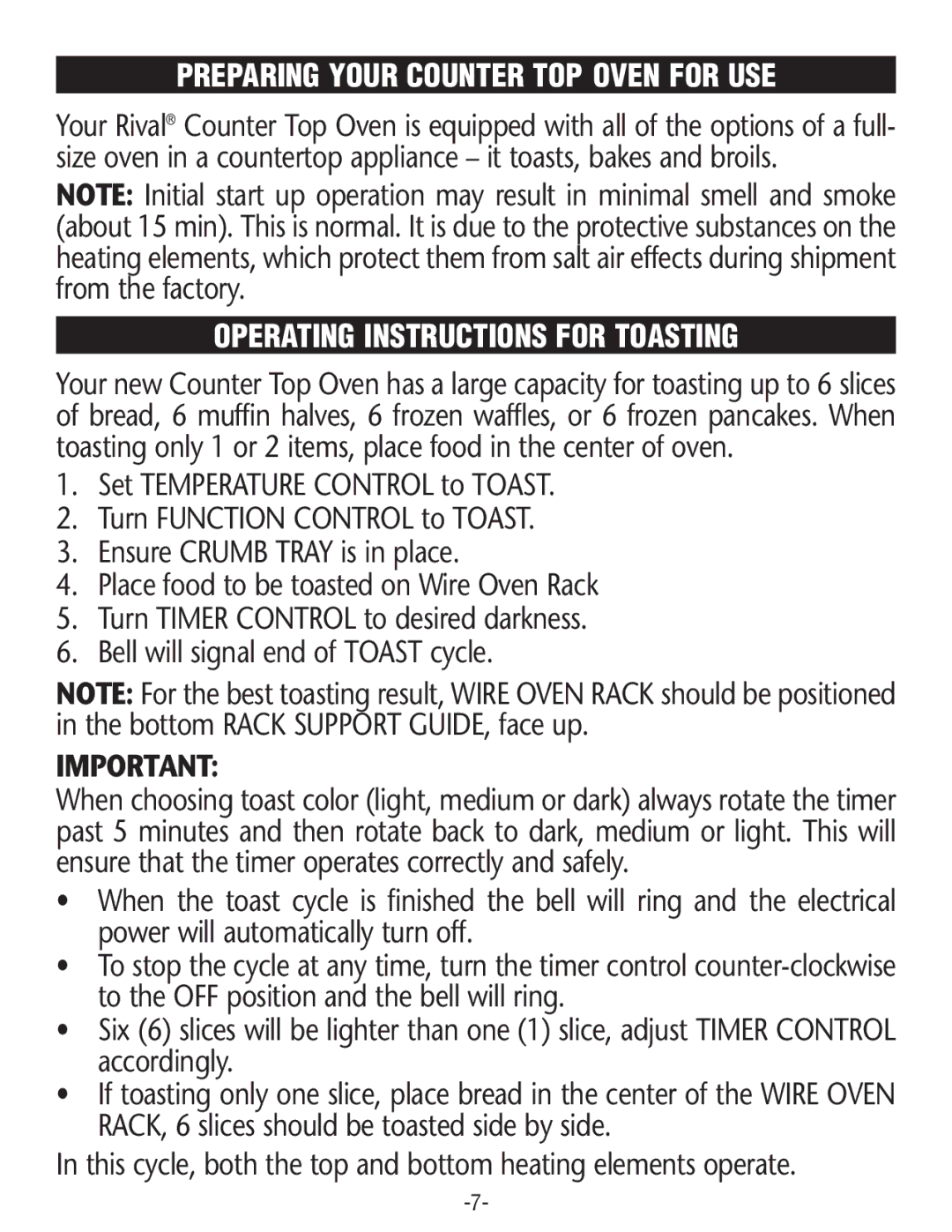 Rival CO606 manual Preparing Your Counter TOP Oven for USE, Operating Instructions for Toasting 