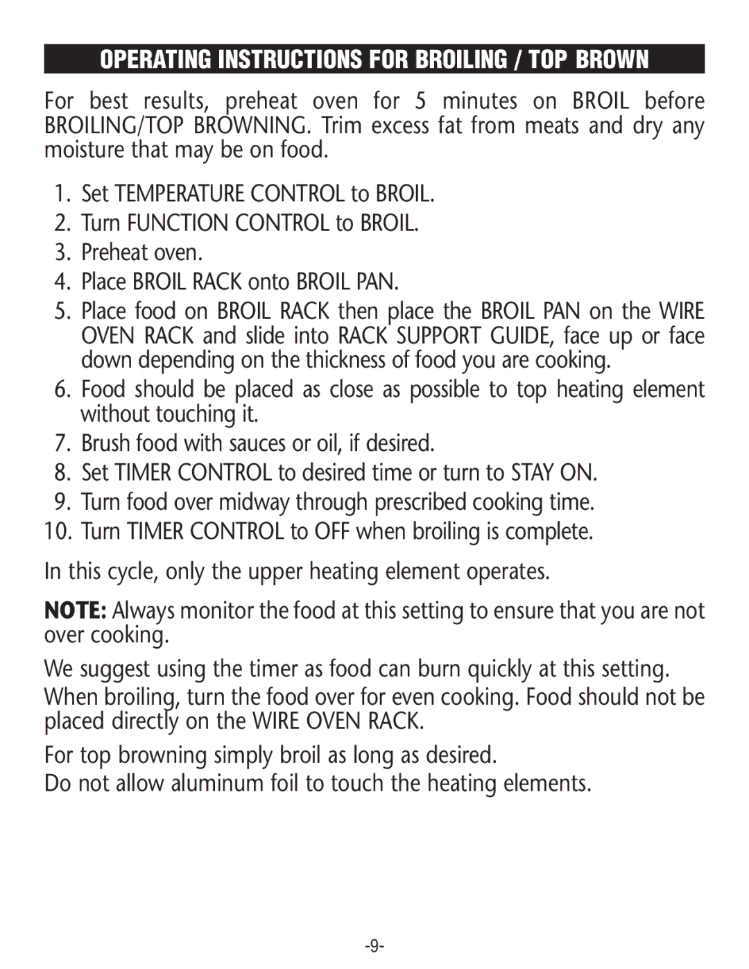 Rival CO606 manual Operating Instructions for Broiling / TOP Brown 