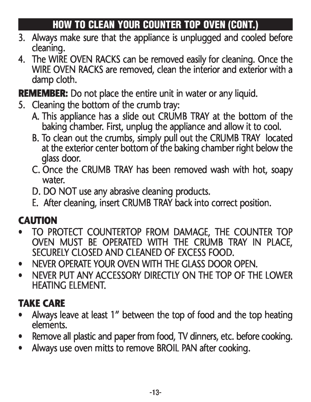 Rival CO606 manual How To Clean Your Counter Top Oven Cont, Take Care 