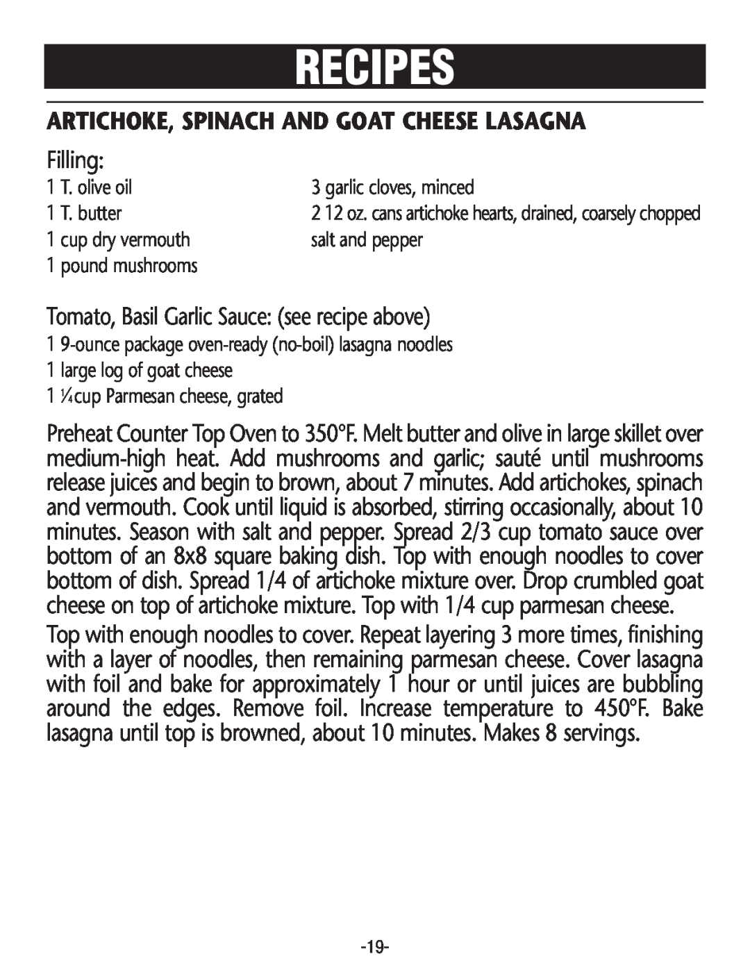 Rival CO606 manual Artichoke, Spinach And Goat Cheese Lasagna, Recipes, Filling, Tomato,Basil Garlic Sauce see recipe above 