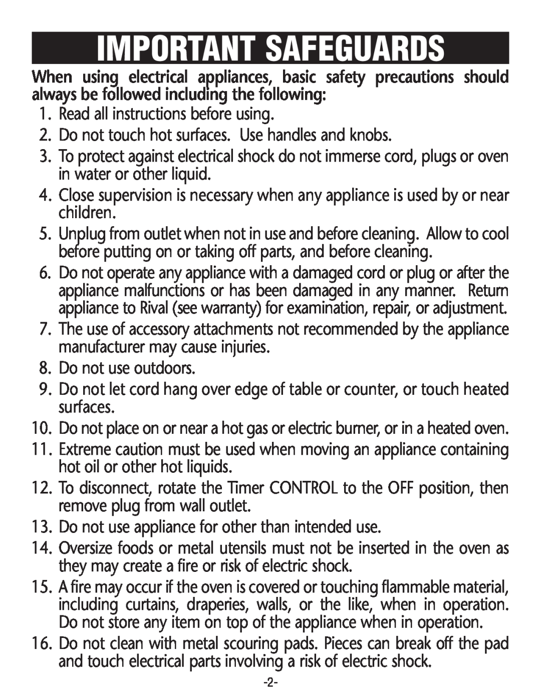 Rival CO606 manual Important Safeguards 
