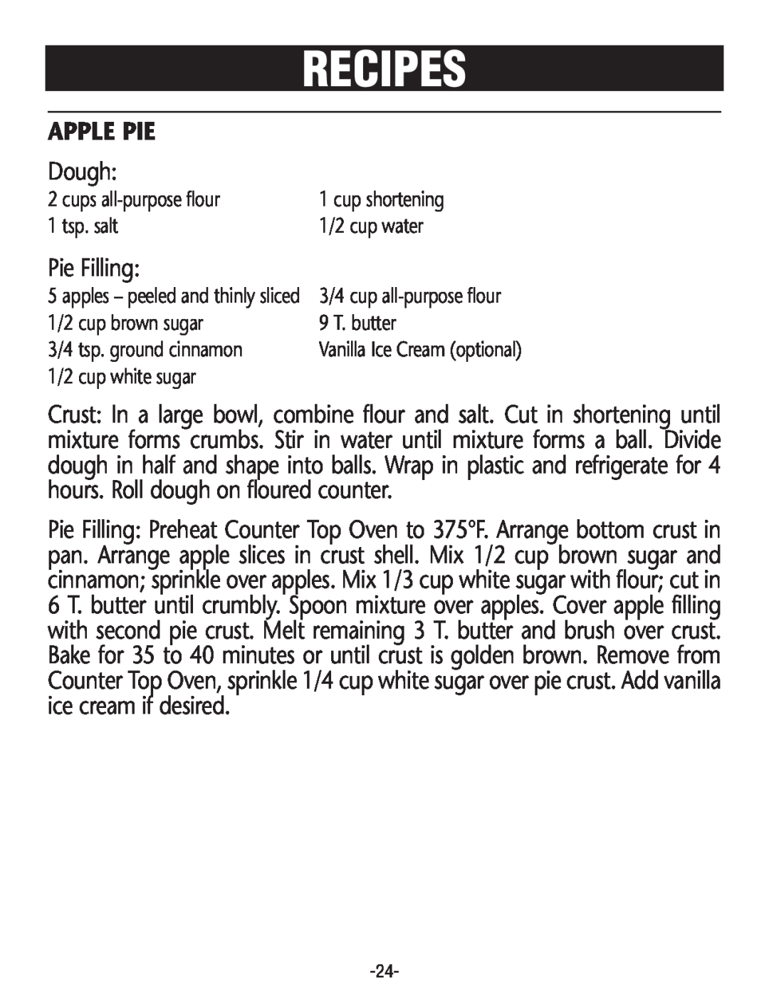 Rival CO606 manual Apple Pie, Recipes, Dough, Pie Filling 