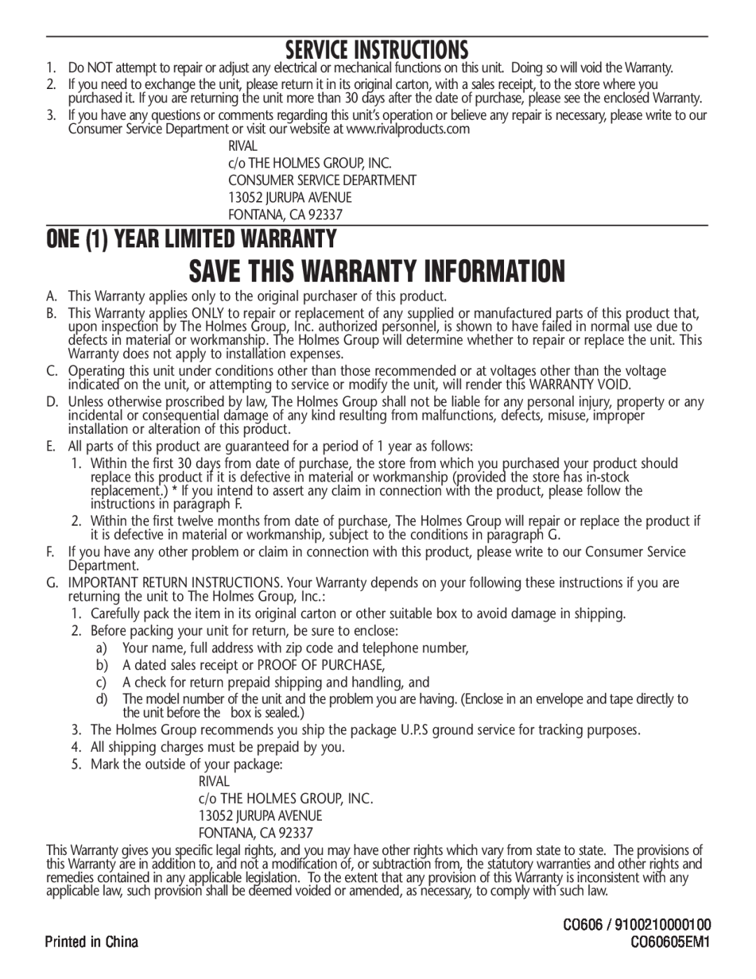 Rival CO606 manual Service Instructions, ONE 1 YEAR LIMITED WARRANTY, Save This Warranty Information 