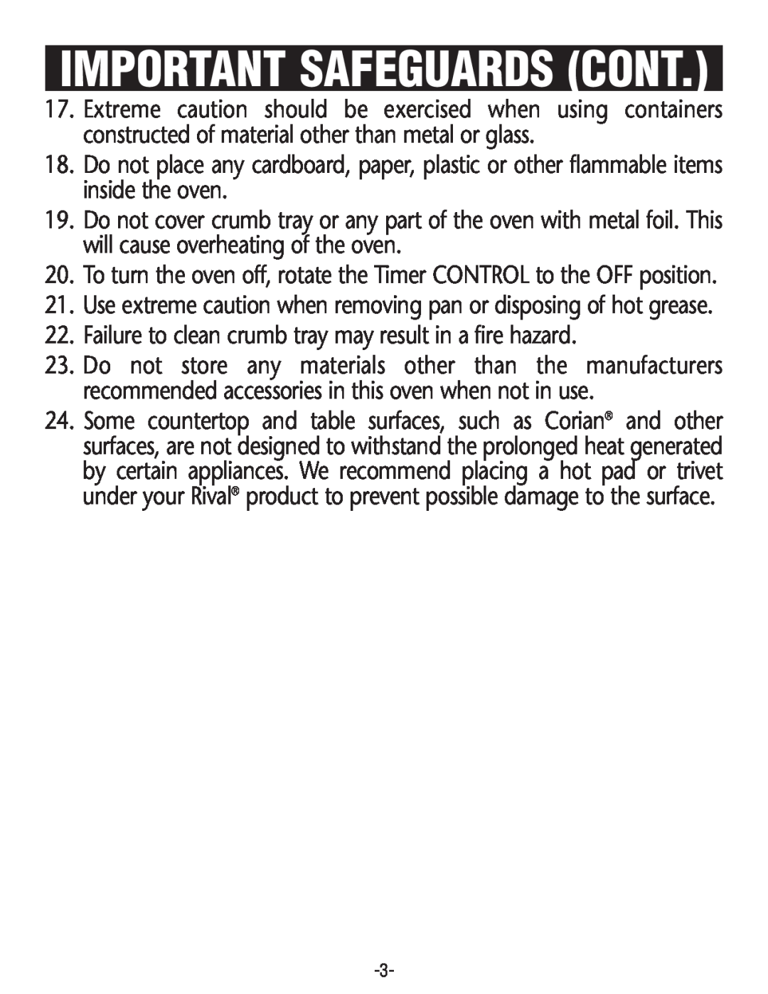 Rival CO606 manual Important Safeguards Cont 
