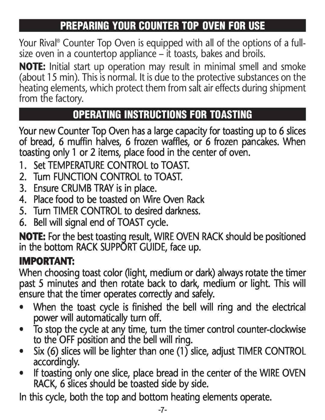 Rival CO606 manual Preparing Your Counter Top Oven For Use, Operating Instructions For Toasting 