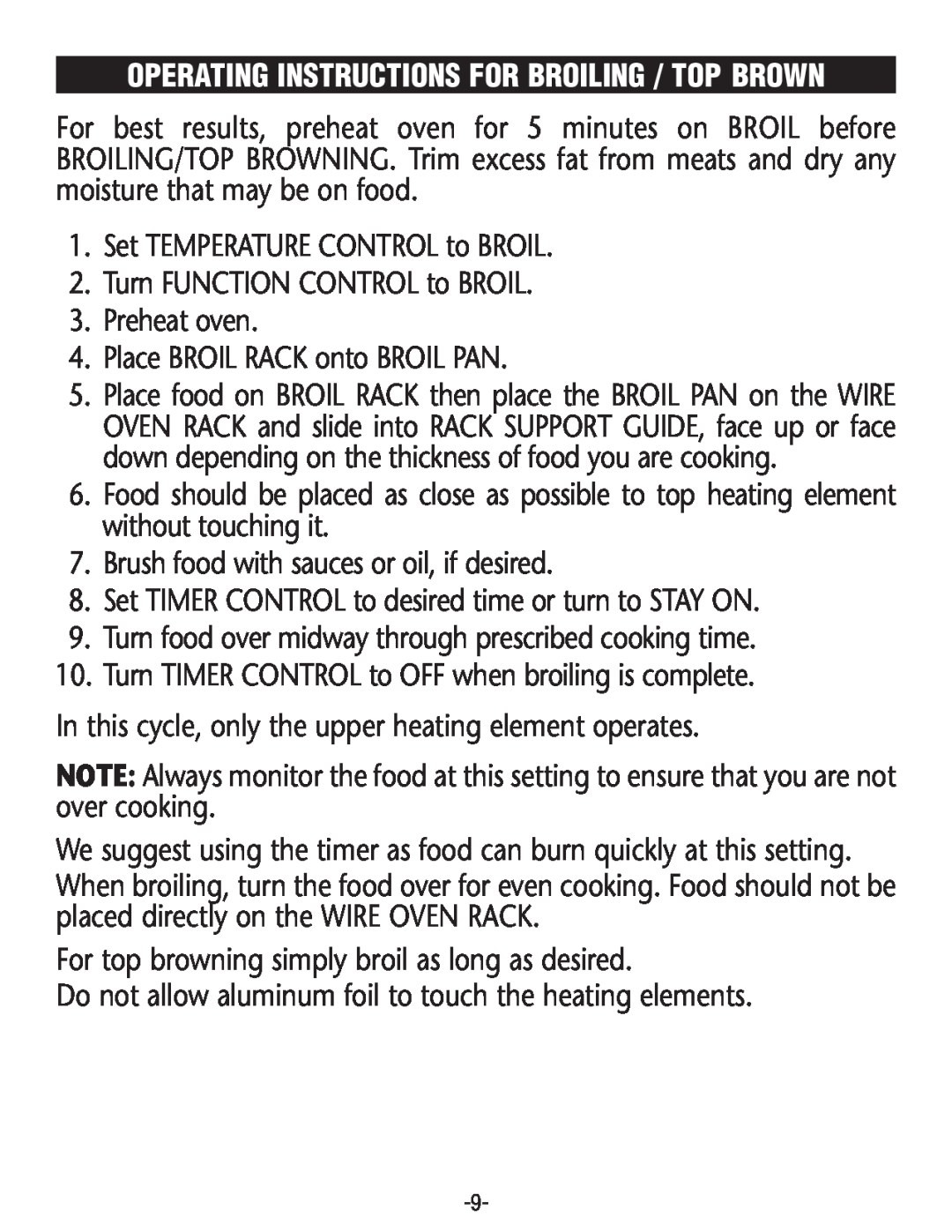 Rival CO606 manual Operating Instructions For Broiling / Top Brown 