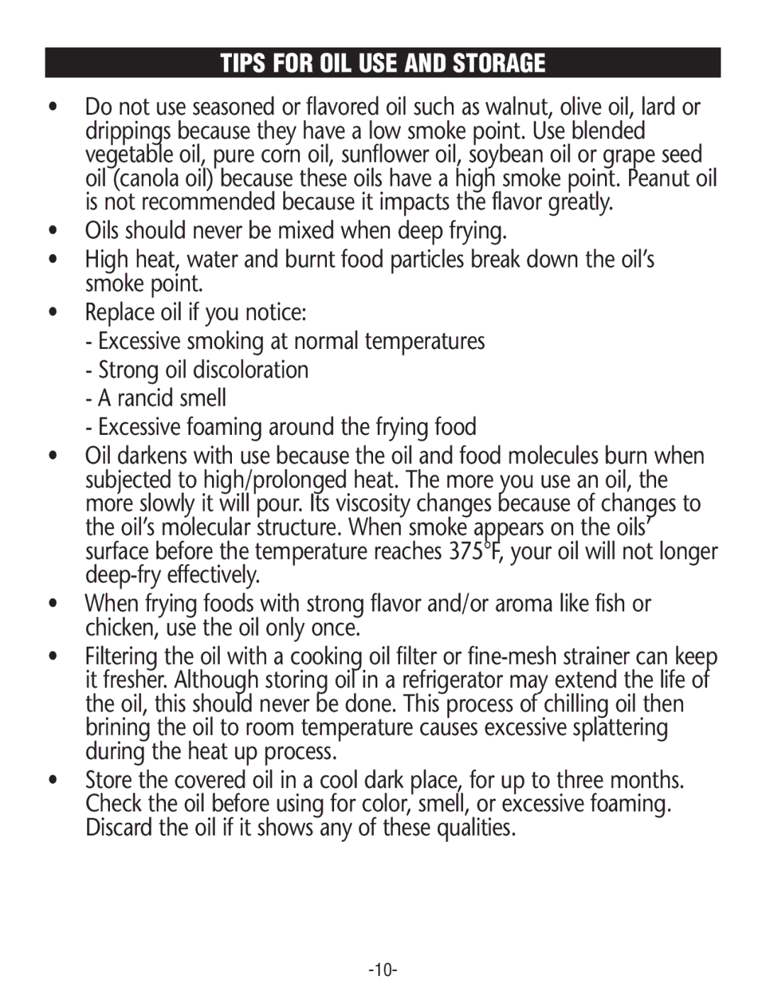 Rival CZF530 manual Tips for OIL USE and Storage 