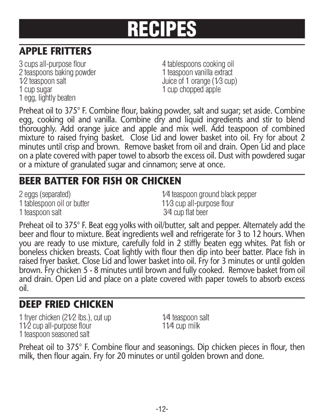 Rival CZF530 manual Apple Fritters, Beer Batter for Fish or Chicken, Deep Fried Chicken 