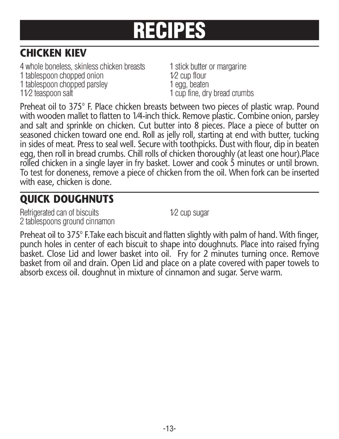 Rival CZF530 manual Chicken Kiev, Quick Doughnuts 