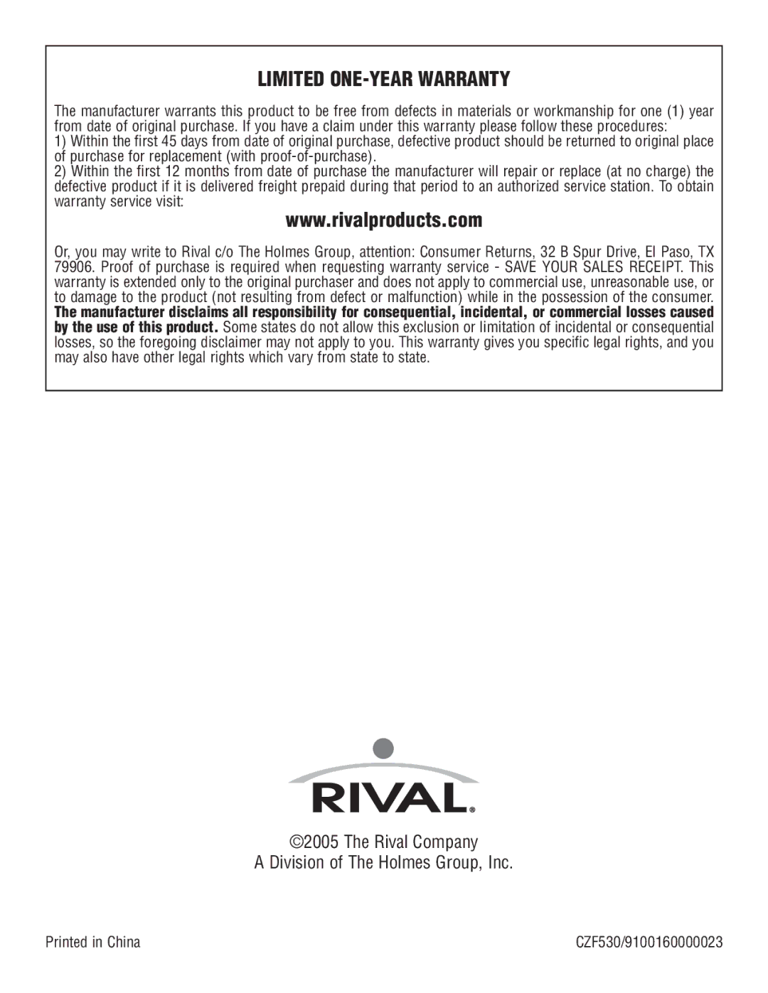 Rival CZF530 manual Limited ONE-YEAR Warranty 