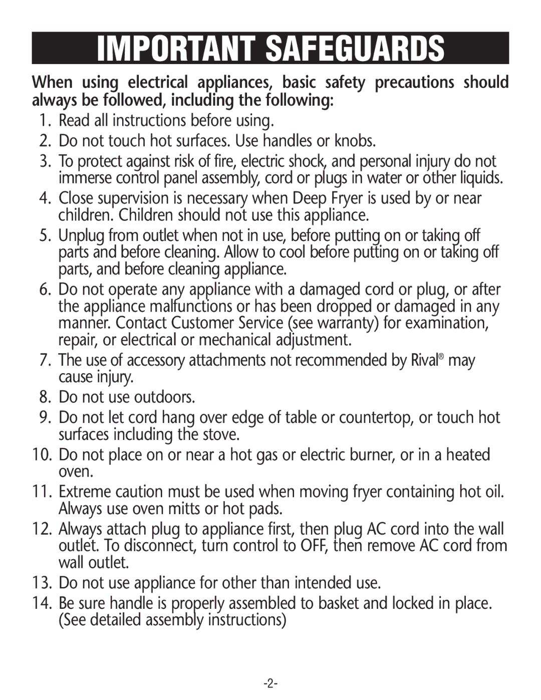 Rival CZF530 manual Important Safeguards 