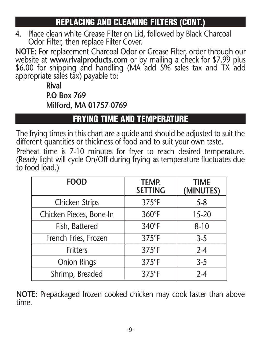 Rival CZF530 manual Frying Time and Temperature, Food Temp Time 