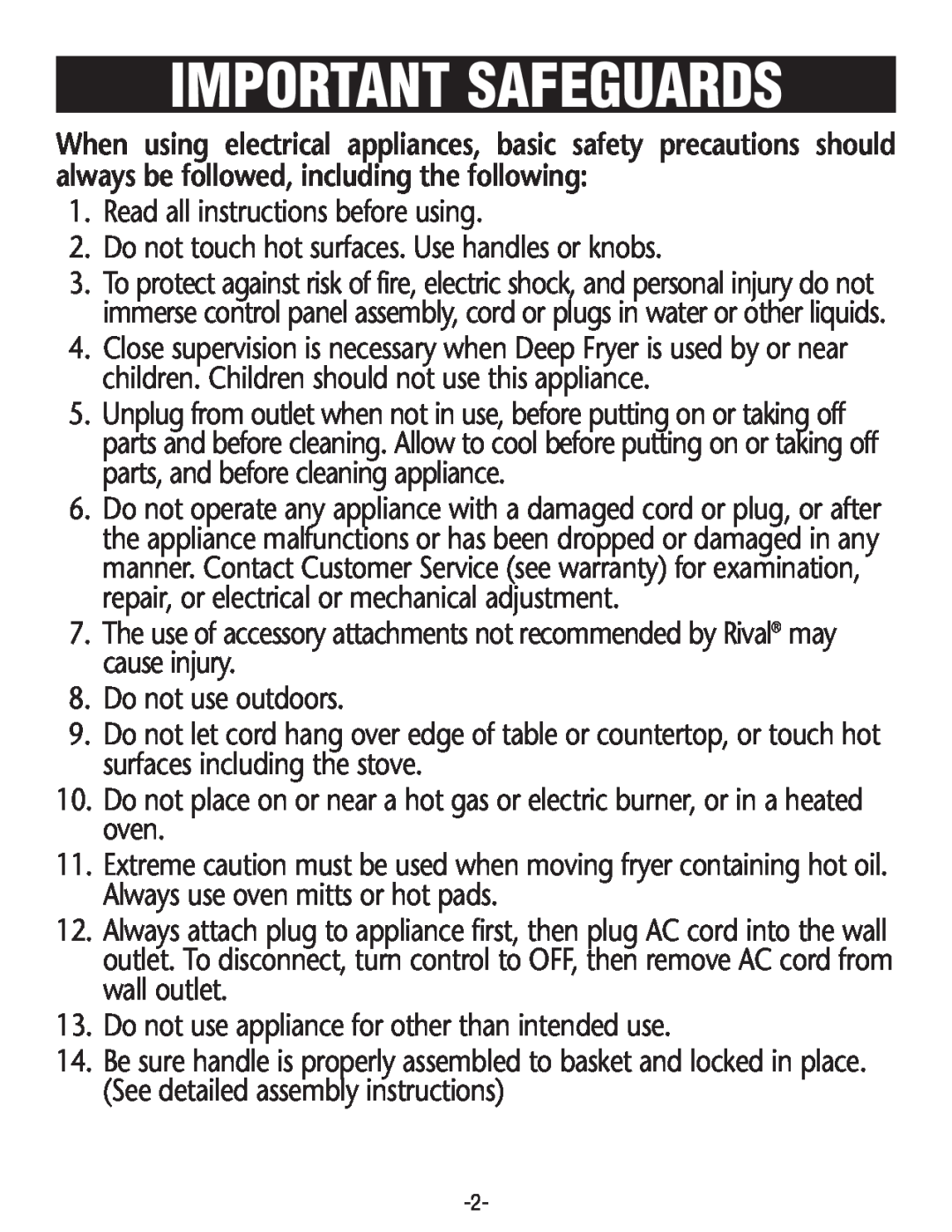 Rival CZF530 manual Important Safeguards 