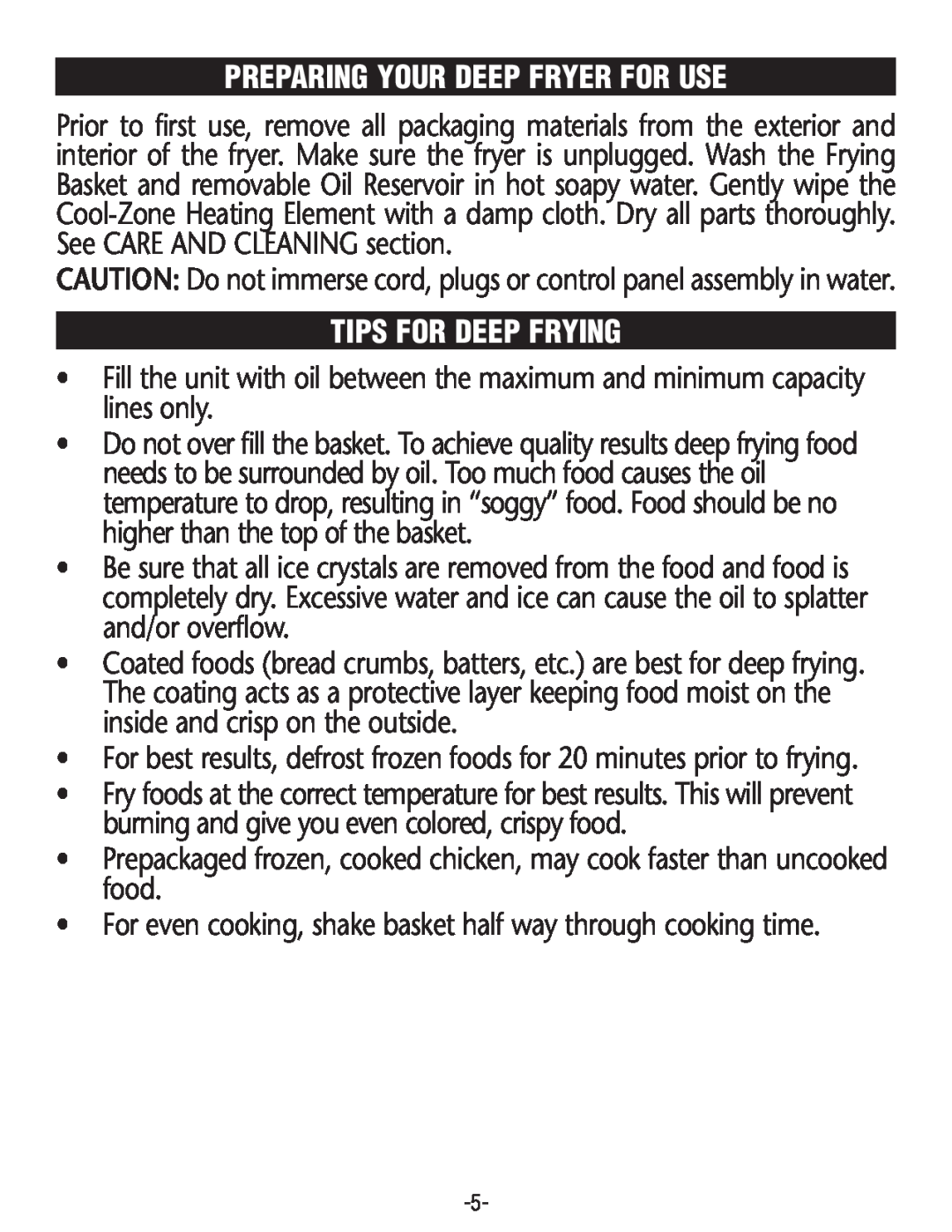 Rival CZF530 manual Preparing Your Deep Fryer For Use, Tips For Deep Frying 