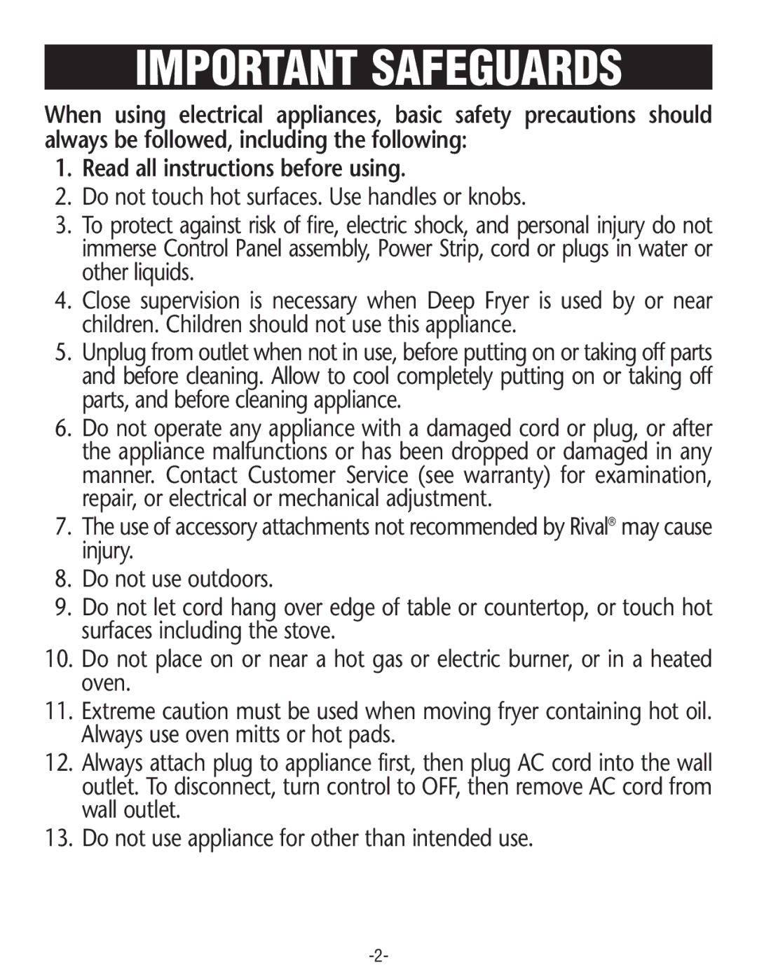 Rival CZF630 manual Important Safeguards 