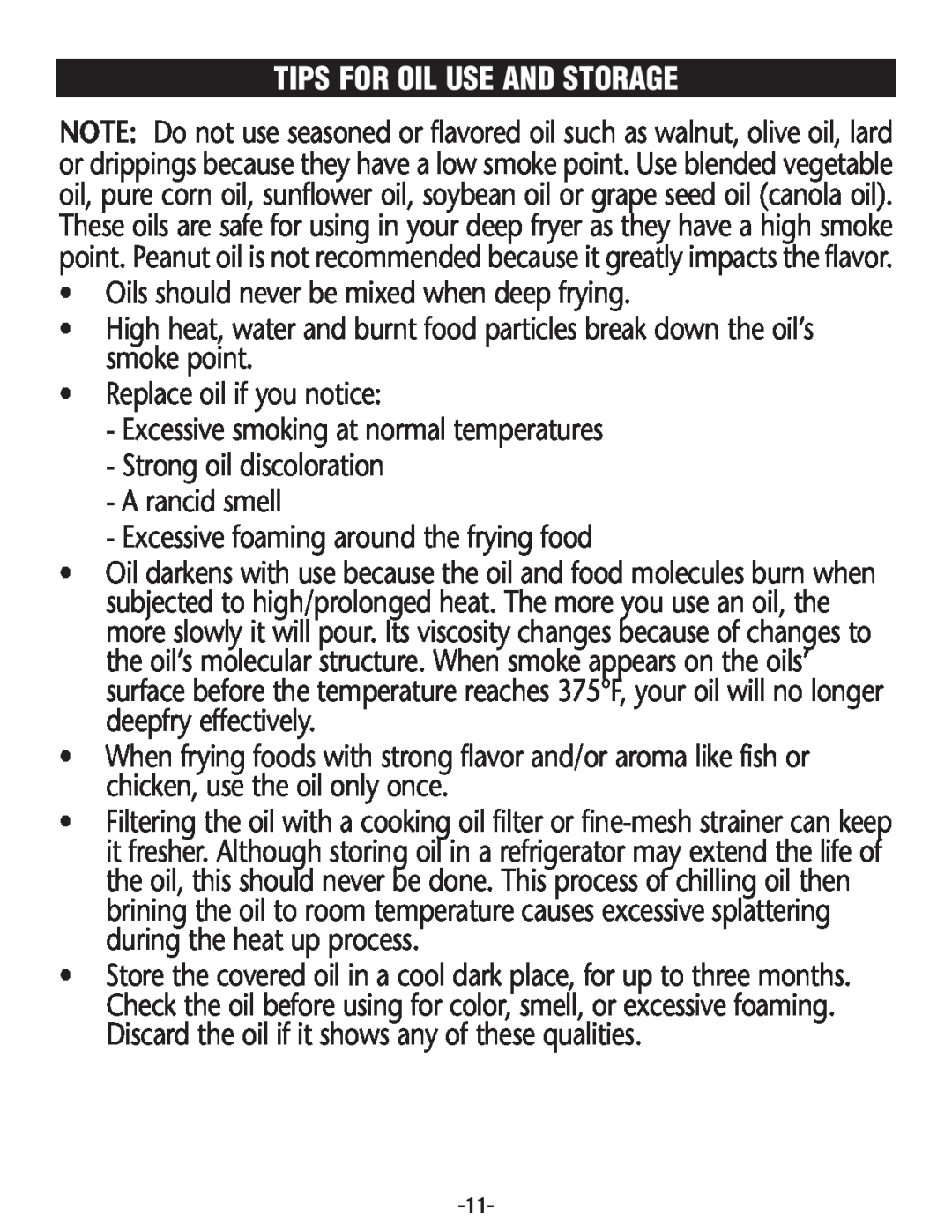 Rival CZF630 manual Tips For Oil Use And Storage, Oils should never be mixed when deep frying, Replace oil if you notice 