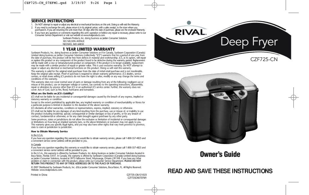 Rival CZF725-CN warranty Service Instructions, Year Limited Warranty 