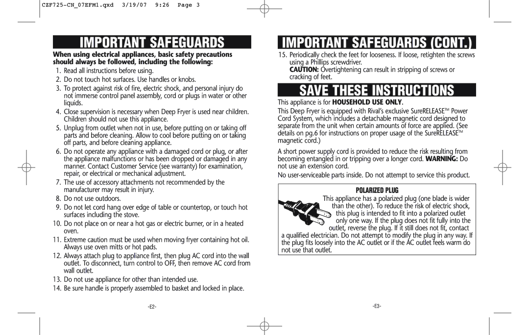 Rival CZF725-CN warranty Important Safeguards 