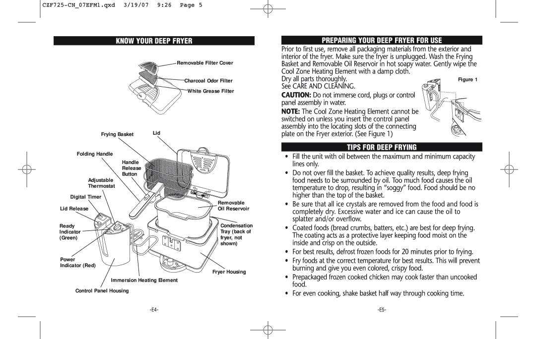 Rival CZF725-CN Know Your Deep Fryer, Preparing Your Deep Fryer for USE, Panel assembly in water, Tips for Deep Frying 