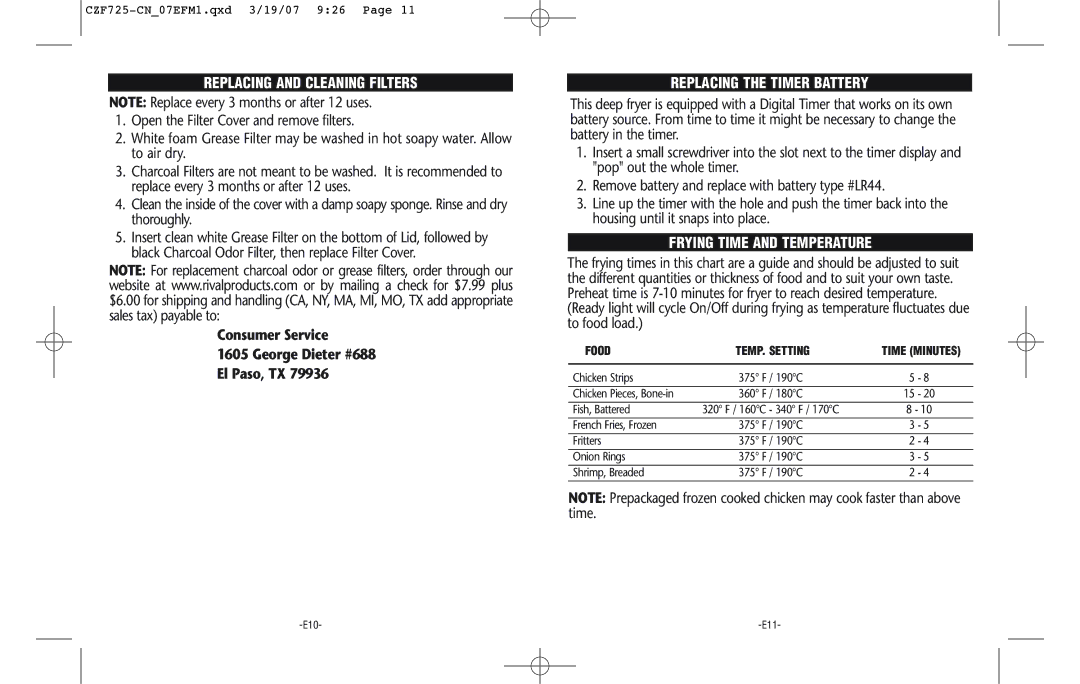 Rival CZF725-CN warranty Replacing and Cleaning Filters, Replacing the Timer Battery, Frying Time and Temperature, Food 
