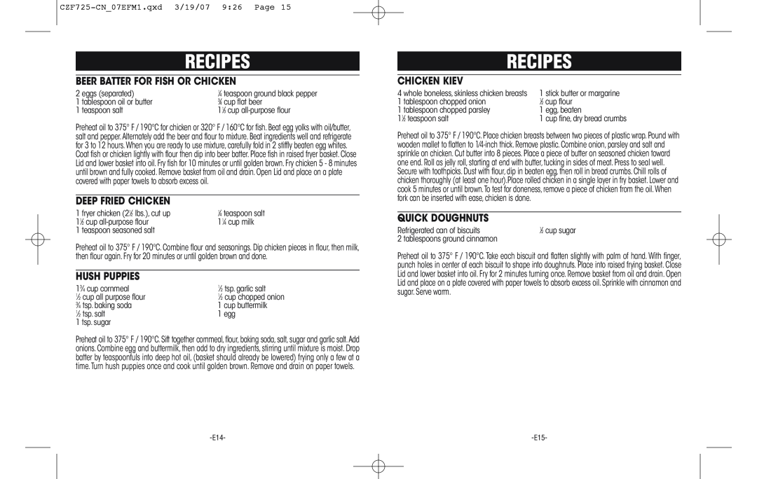 Rival CZF725-CN Recipes, Beer Batter For Fish Or Chicken, Deep Fried Chicken, Hush Puppies, Chicken Kiev, Quick Doughnuts 